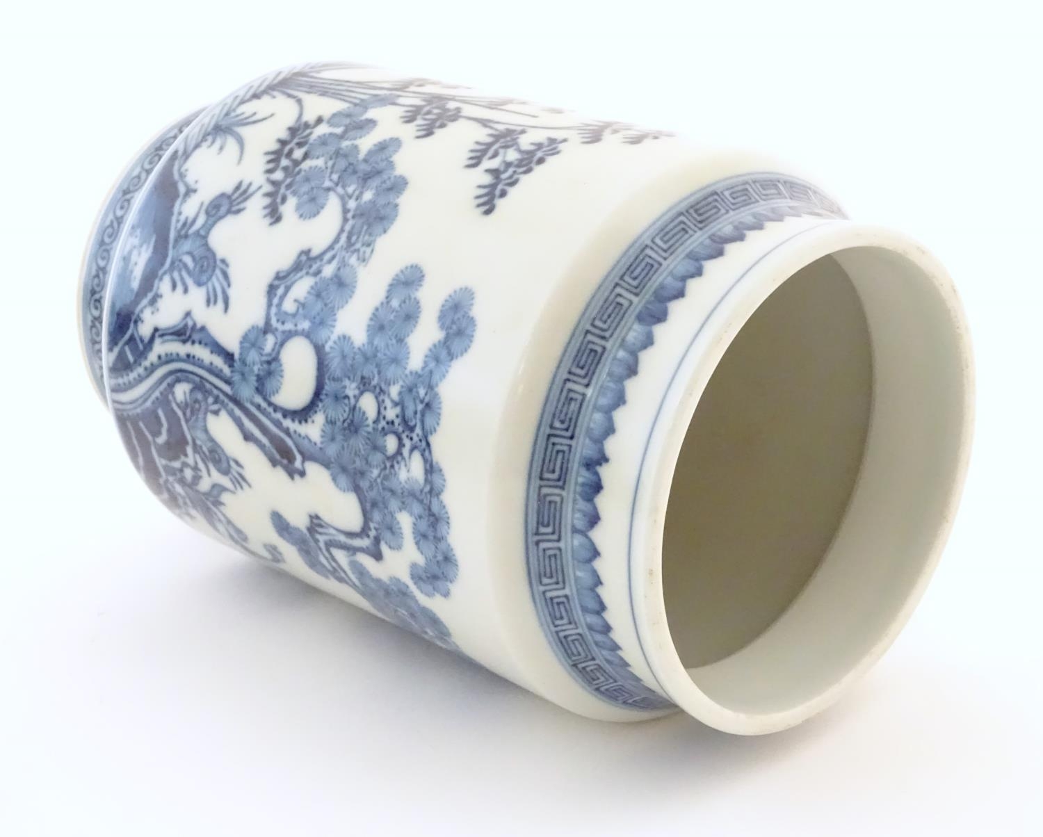 A Chinese blue and white vase of cylindrical form with garden terrace with trees and blossom - Image 6 of 14