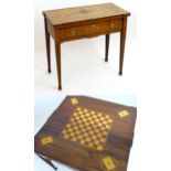 A 19thC card table with a folding inverted breakfront top decorated with intricate floral