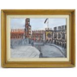 20th century, Oil on canvas, A palace square with clock tower and crenelated buildings. With
