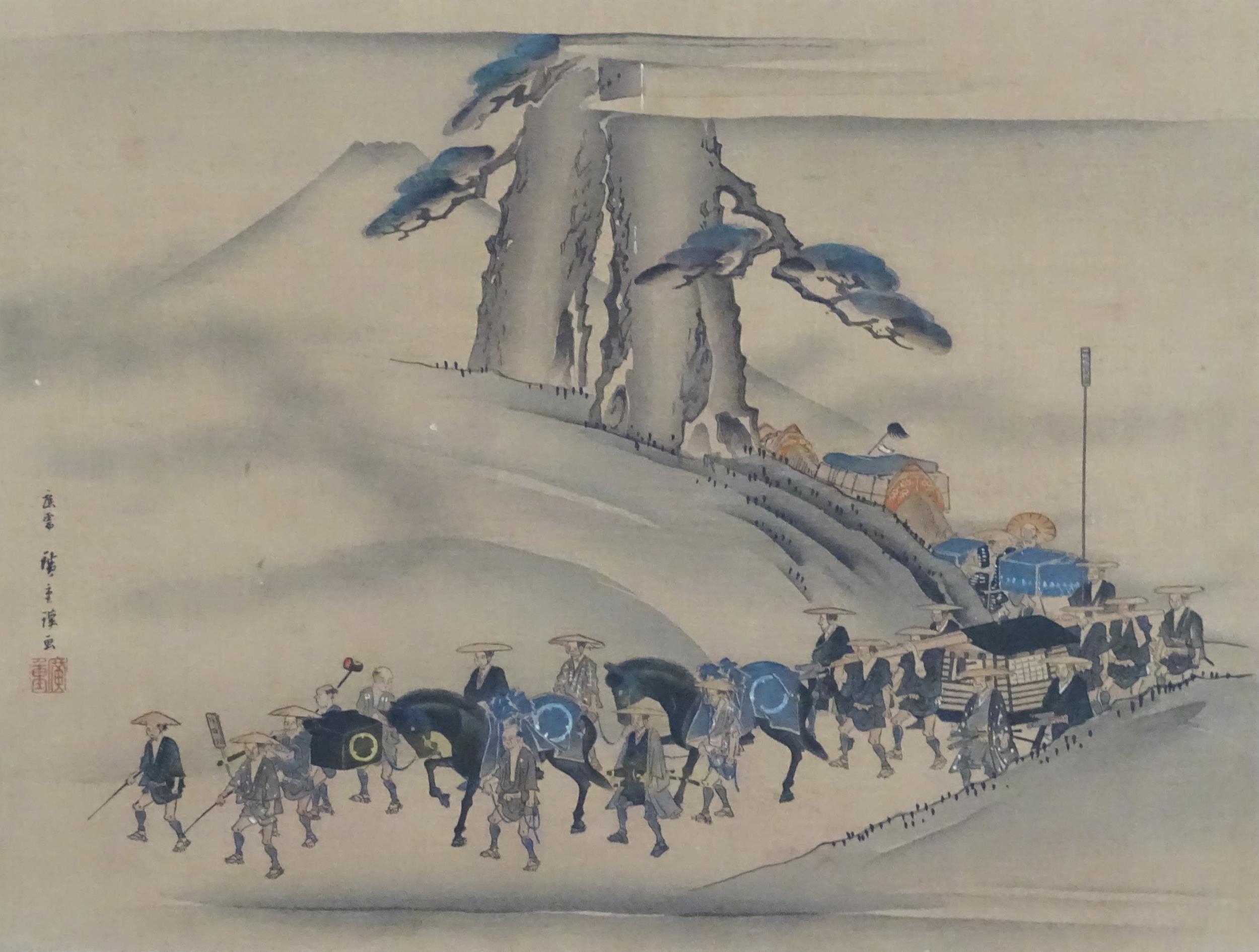 After Hiroshige, Japanese School, Colour print, A procession with figures and horses. Approx. 10 1/ - Image 3 of 7
