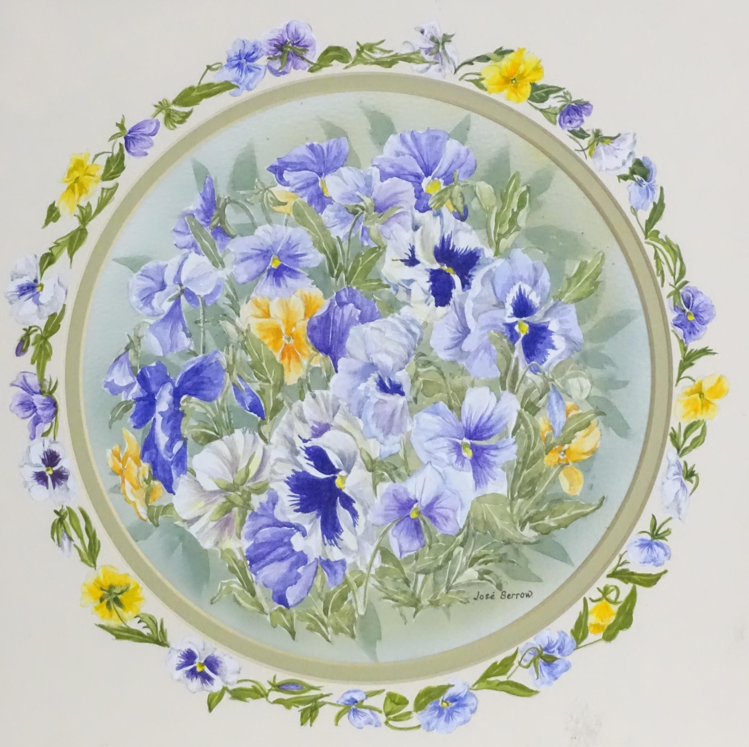 Jose Berrow, 20th century, Watercolour, A pansy garland, with floral border. Signed lower right. - Image 3 of 4