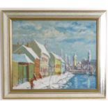Tibor Tolnay, Hungarian School, Oil on board, Winter Afternoon, Figures walking by the river. Signed