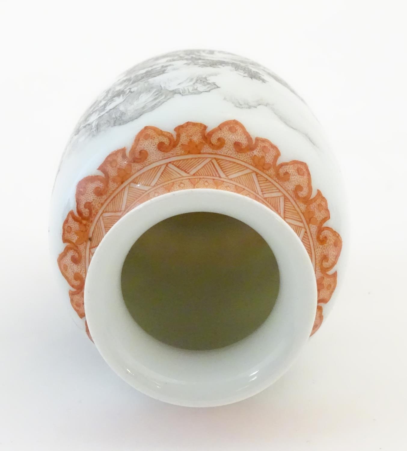 A Chinese small vase with monochrome mountainous landscape detail and orange banded borders. Approx. - Image 5 of 6