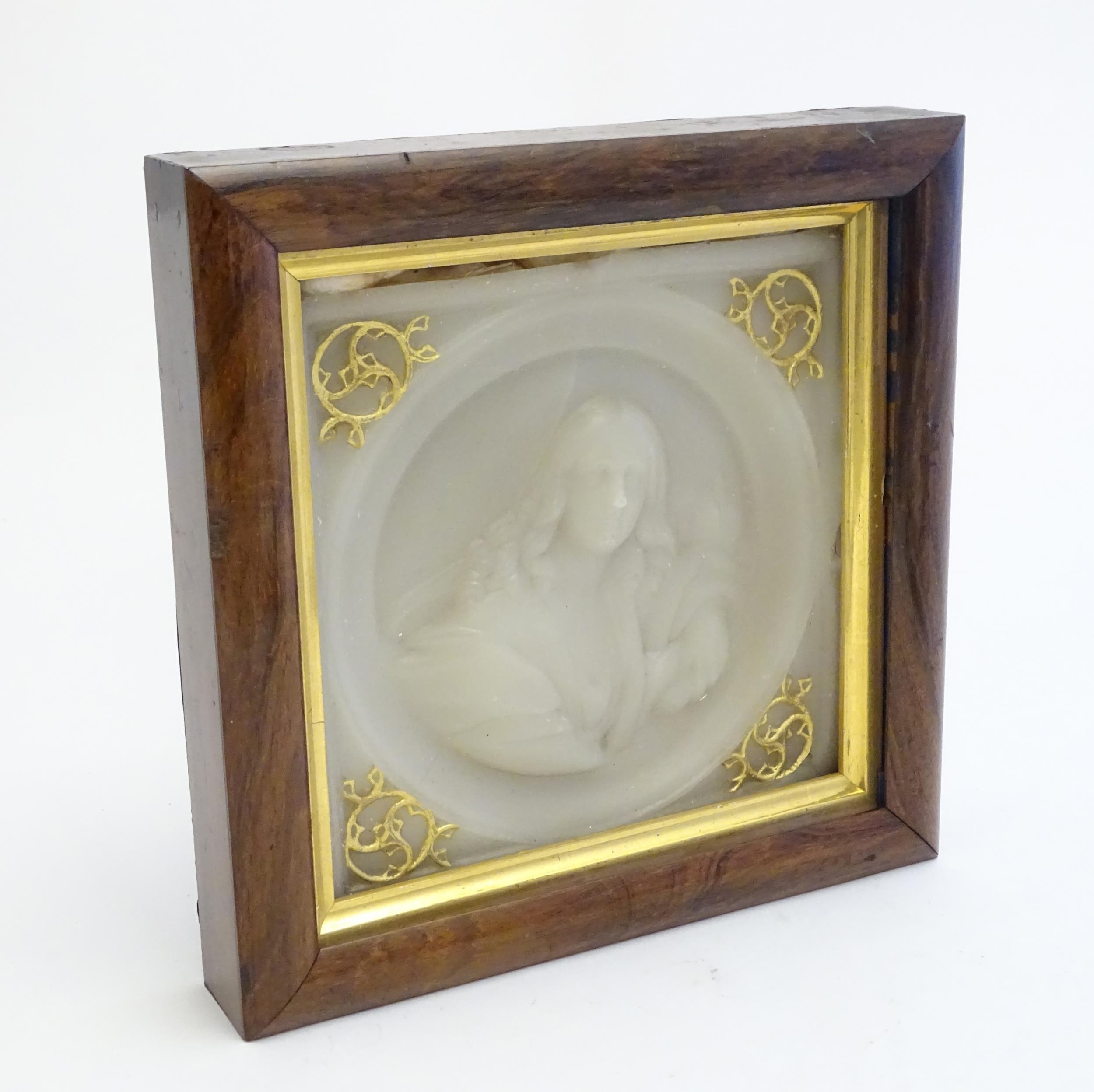 A 19thC wax tondo portrait depicting a woman holding a scroll. Ascribed and titled verso Womanhood - Image 3 of 6