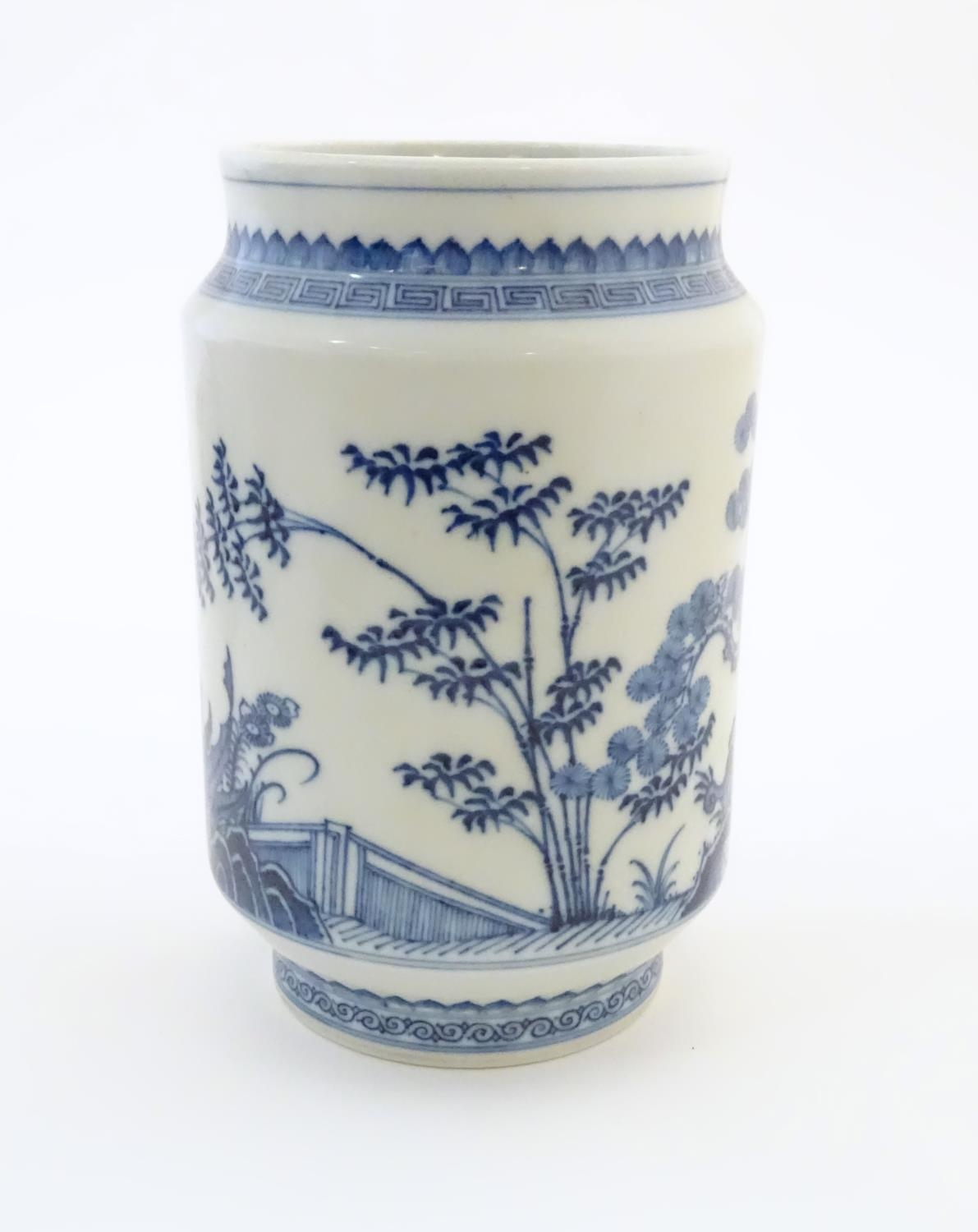 A Chinese blue and white vase of cylindrical form with garden terrace with trees and blossom - Image 2 of 14