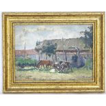 20th century, Ukrainian School, Oil on paper, A rural scene depicting a working farm with a horse