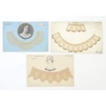 Three early 20thC lace collar samples, two mounted upon pictorial cards stamped Lace Department. The