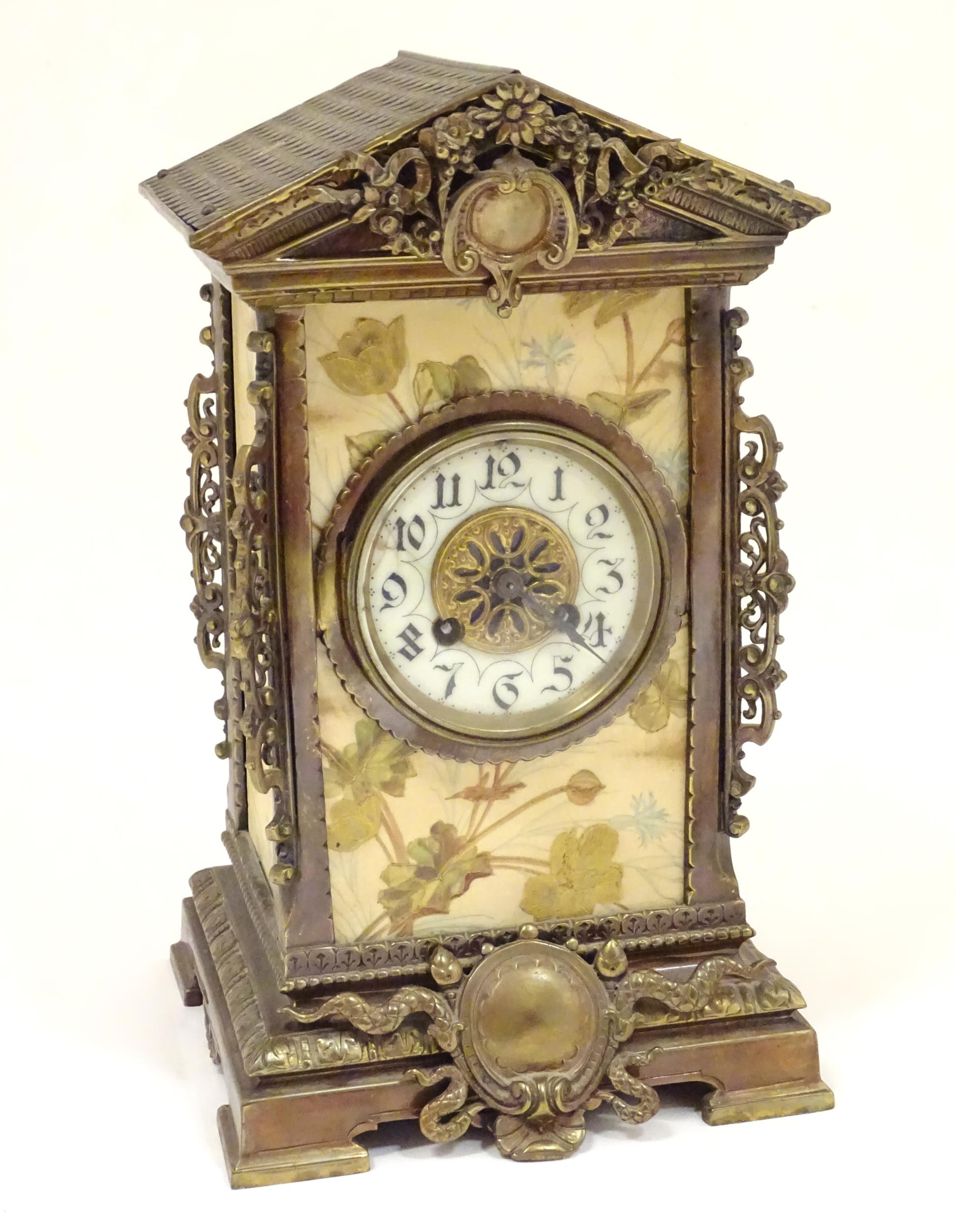 A 19thC brass and porcelain mantle clock, the 8-day French movement stamped F Marti Medaile De - Image 6 of 20