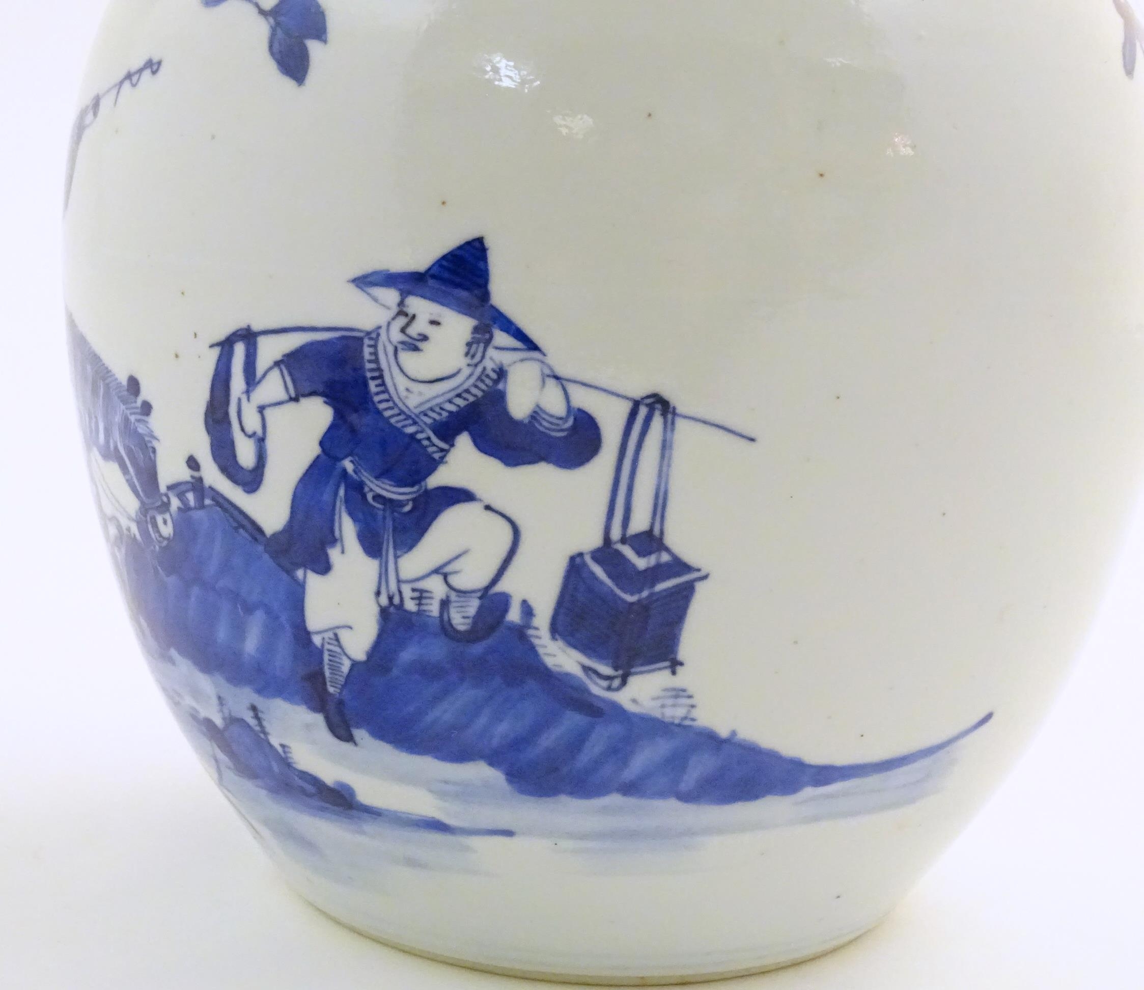 An Oriental blue and white ginger jar decorated with a landscape scene with a figure on horseback - Image 2 of 9