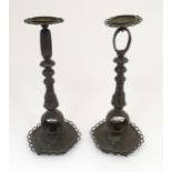 A pair of cast lamp base sections with Oriental stylised dragon / beast detail to column and base.