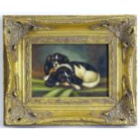 Early 20th century, Oil on board, Two resting King Charles Spaniel dogs. Approx. 4 1/2" x 6 1/2"