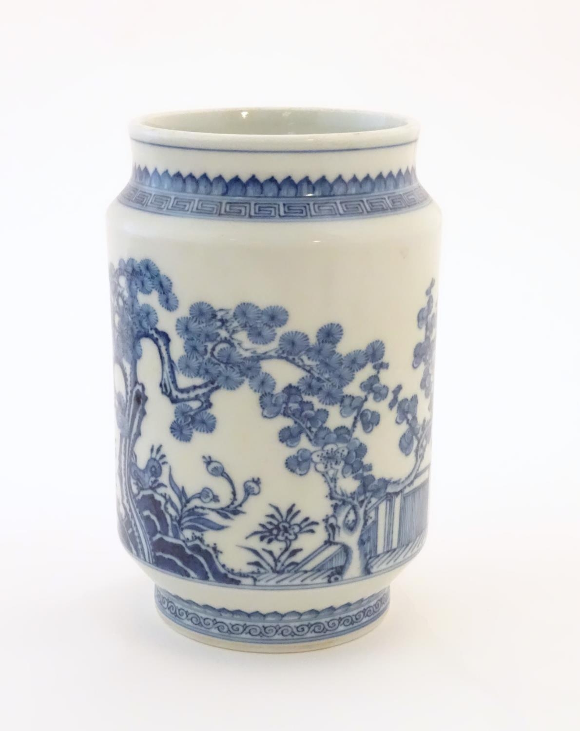 A Chinese blue and white vase of cylindrical form with garden terrace with trees and blossom - Image 9 of 14