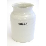 An early 20thC large ceramic sugar crock with banded detail. Approx. 11 1/2" high Please Note - we