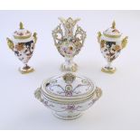 Four Continental items comprising two Coalport lidded vases with twin handles and bird amongst