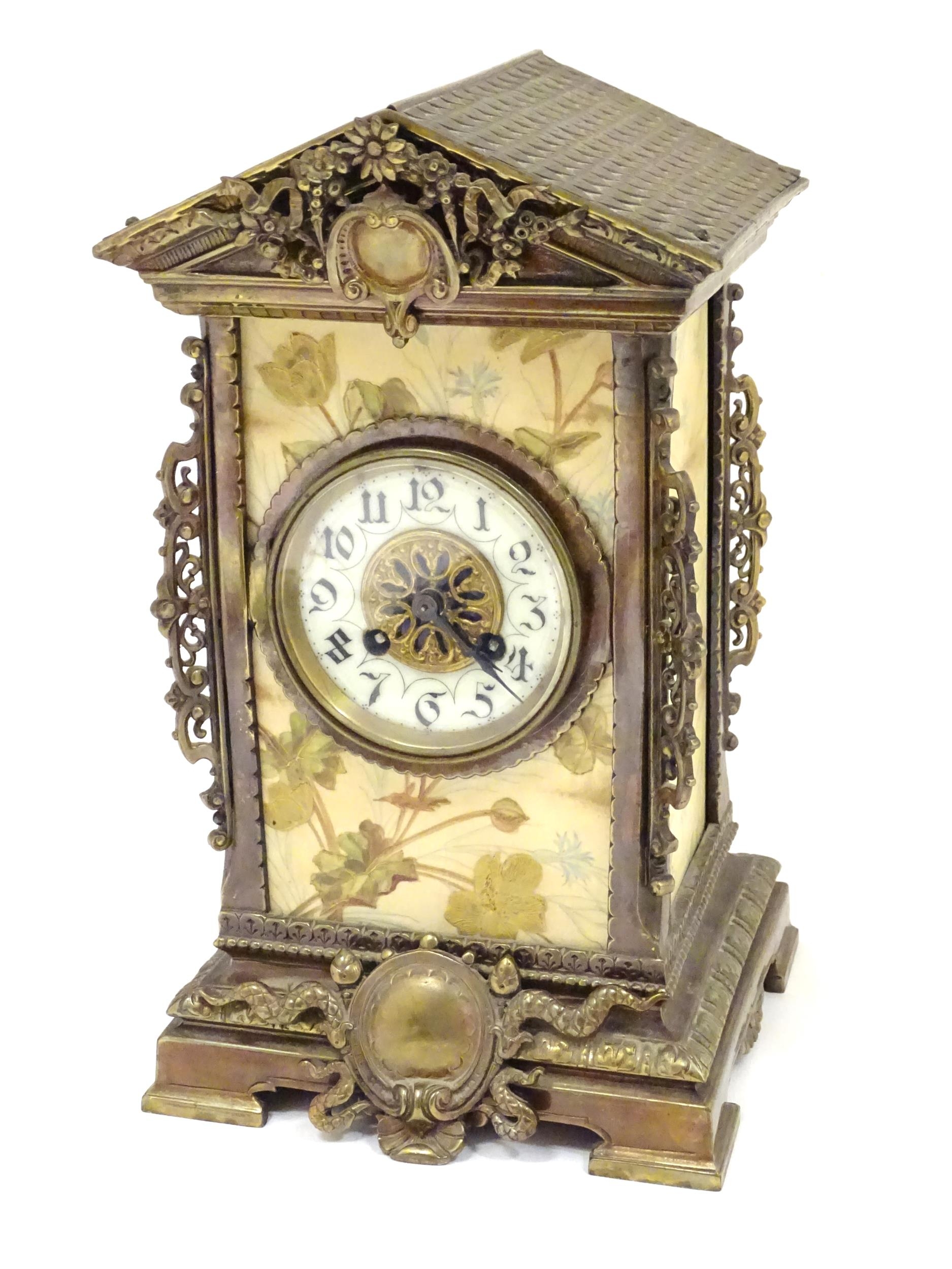 A 19thC brass and porcelain mantle clock, the 8-day French movement stamped F Marti Medaile De - Image 4 of 20