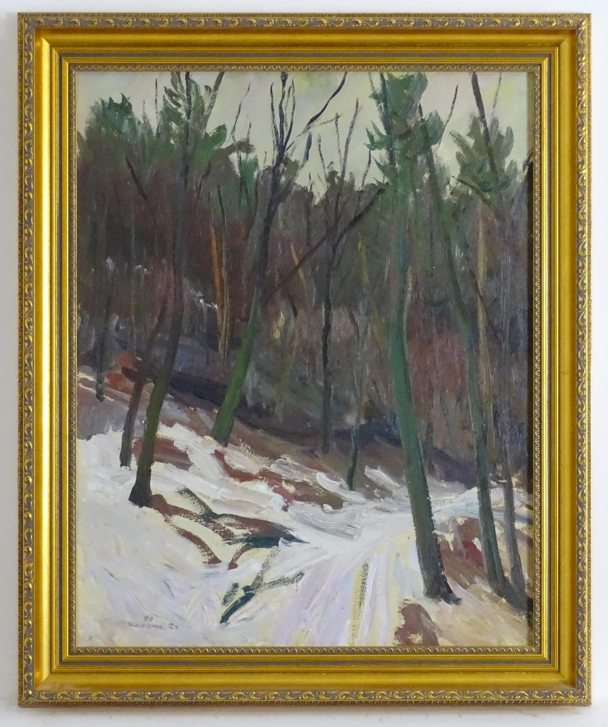 Sigismund Karsai, 20th century, Hungarian School, Oil on board, Woods in Winter. Signed and dated (