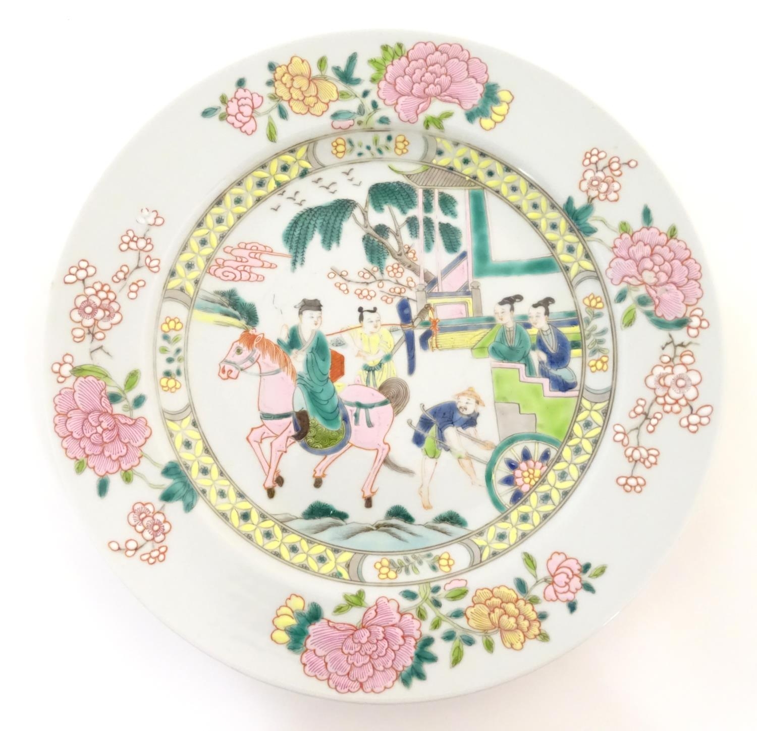 A Chinese famille rose plate depicting a landscape scene with a figure on horse back with an - Image 6 of 12
