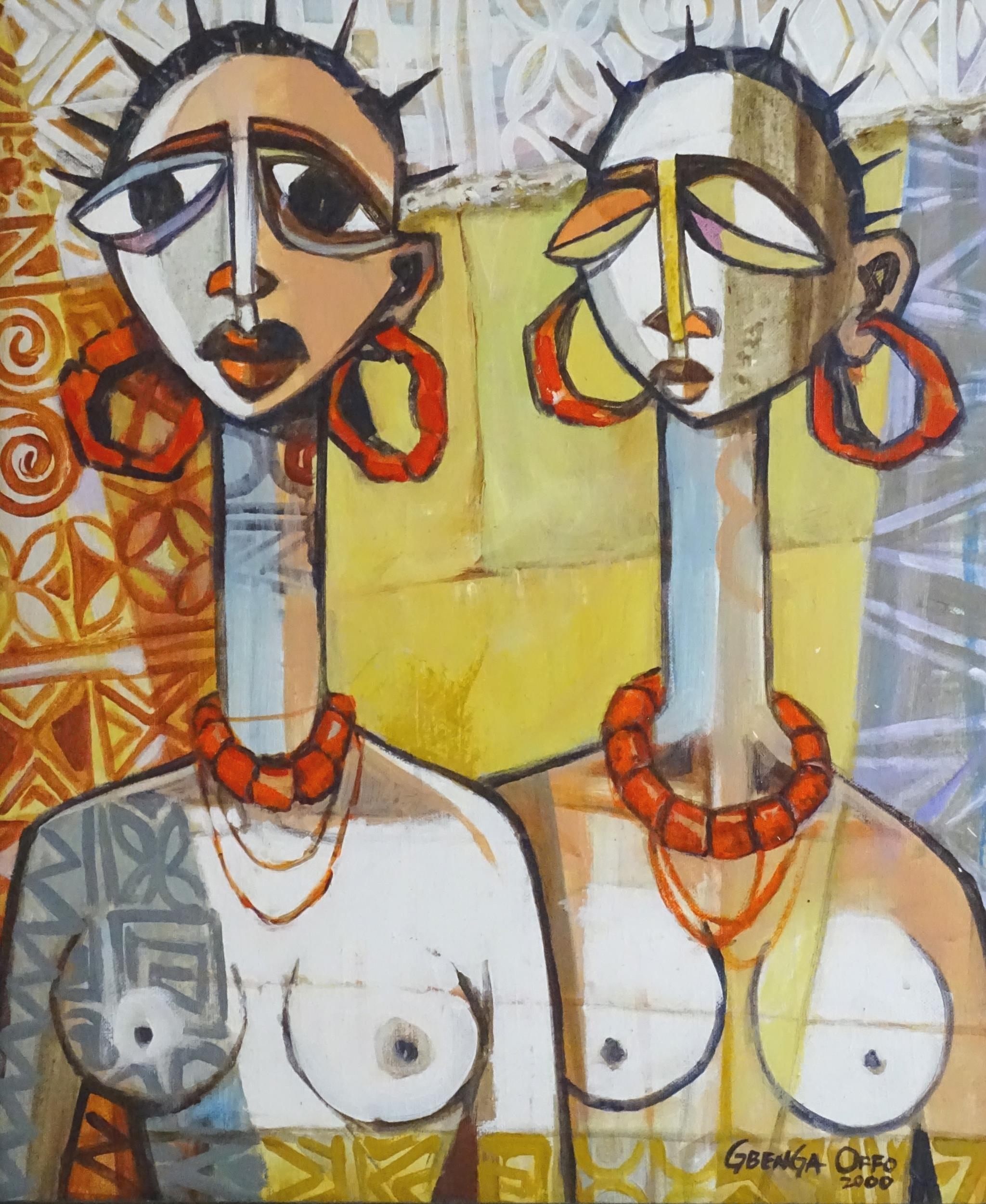 Gbenga Offo (b. 1957), Nigerian School, Oil on board, A portrait of two African nude models - Image 3 of 4