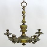 A late 19thC Dutch chandelier / electrolier, the pendant light with five scrolling branches.