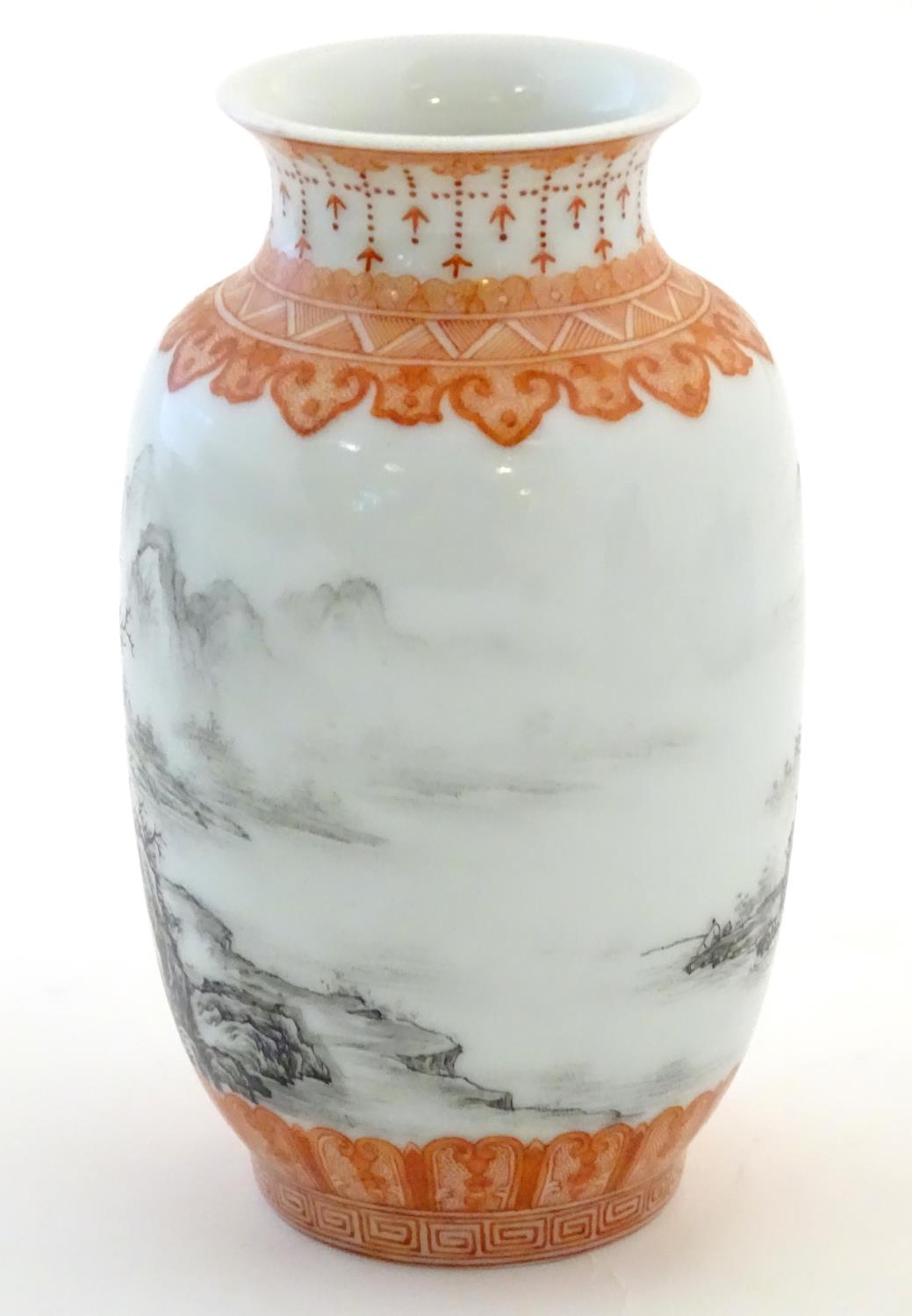 A Chinese small vase with monochrome mountainous landscape detail and orange banded borders. Approx. - Image 4 of 6