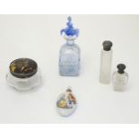 Assorted scent perfume flasks to include a two cut glass flasks with silver tops, a scent bottle