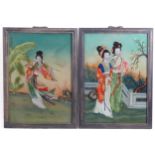 Japanese School, Early 20th century, Two reverse glass paintings with gilt highlights, One a