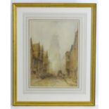 19th century, English School, Watercolour and pencil, A Continental street scene with horse and