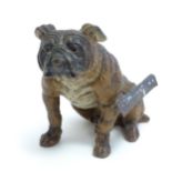 A 20thC cold painted cast model of a seated bulldog. Approx. 3 1/4" high Please Note - we do not