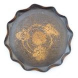 A 20thC copper tray with lobed rim with hammered detail to centre. Approx. 11 1/2" wide Please