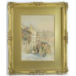 V. Bloom, Early 20th century, Watercolour, Nantes, A Continental townscape with figures washing in a