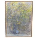 Indistinctly signed, 20th century, Pastel, A still life study of yellow flowers in a vase on a