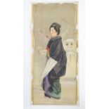 Japanese School, 20th century, Watercolour on silk, A portrait of a woman in the snow with a
