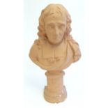 A 20thC plaster bust of a scholar on a column base, possibly modelled as John Milton. Approx. 26"