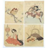 Late 19th / early 20th century, Japanese School, Four Surimono prints, comprising Owl a Flowering