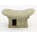 An Oriental stoneware neck pillow / headrest with architectural / building detail. Approx. 4 1/4"