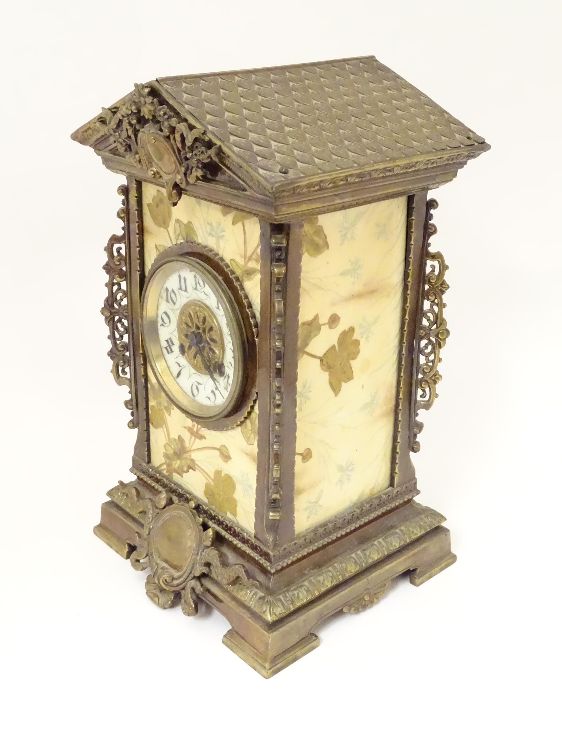 A 19thC brass and porcelain mantle clock, the 8-day French movement stamped F Marti Medaile De - Image 11 of 20