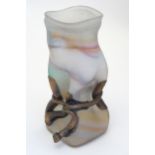 A satin art glass vase of sack / bag form with applied bronzed tie detail to waist. In the manner of