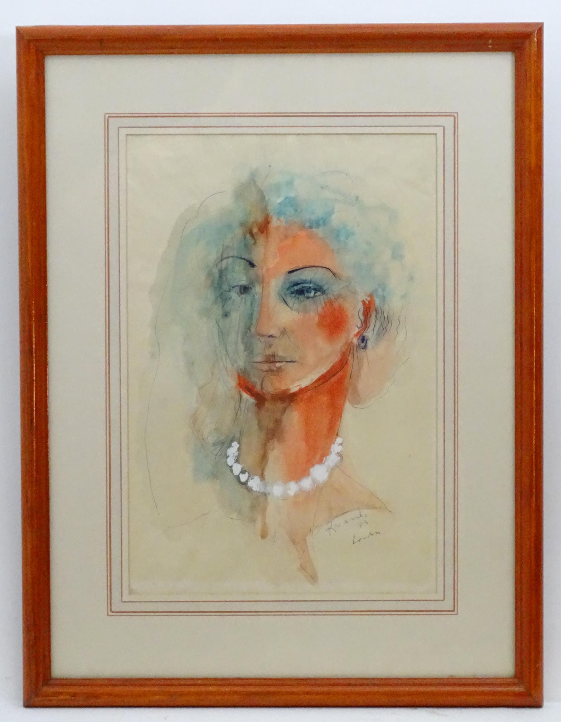 Ricardo, 20th century, Watercolour and ink, A portrait of a young woman with a bead necklace. Signed