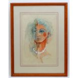 Ricardo, 20th century, Watercolour and ink, A portrait of a young woman with a bead necklace. Signed