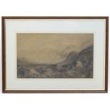 M. Rawson (1857-1921), Pencil and charcoal drawing, A rural village and lake scene in the mountains,