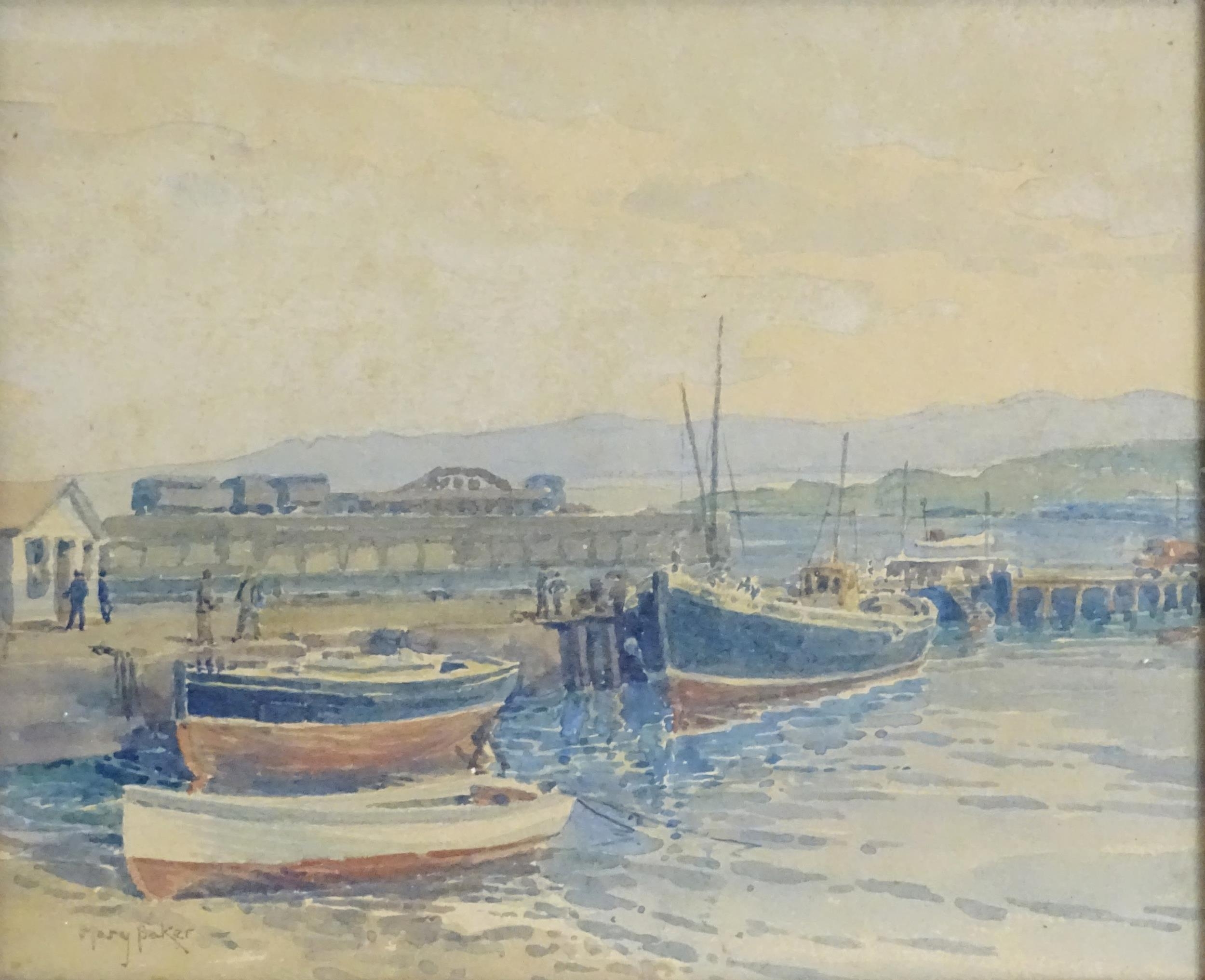 Mary Baker, Watercolour, Mallaig, Scotland, A harbour scene with moored fishing boats. Signed - Image 3 of 4