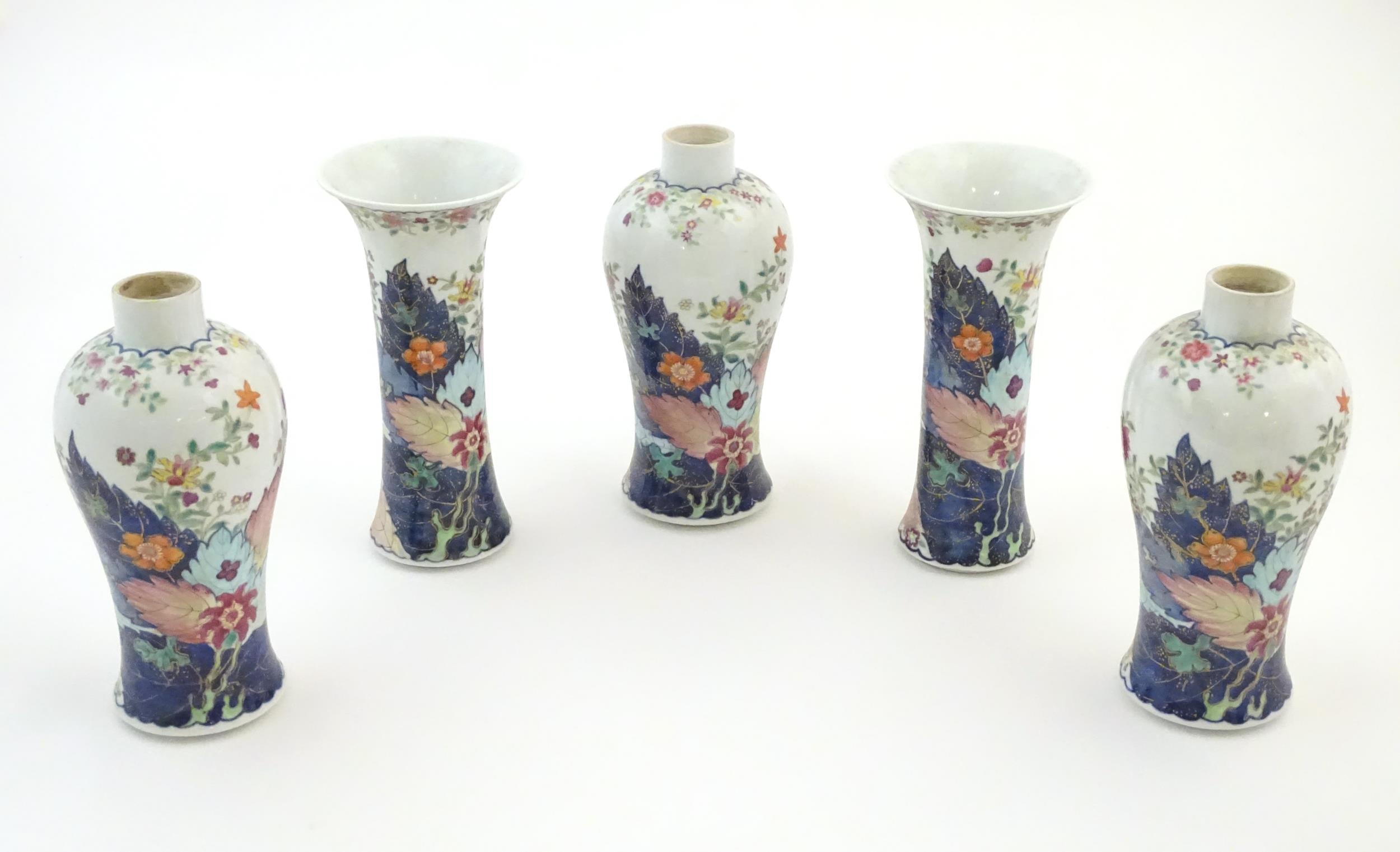 Five Chinese famille rose vases comprising two trumpet vases with floral and foliate detail, and - Image 3 of 8