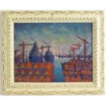 J. Aldridge, 20th century, Oil on board, An industrial port with cranes and ships, possibly