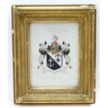 A French 20thC hand painted armorial / coat of arms featuring two anchors within a shield surmounted
