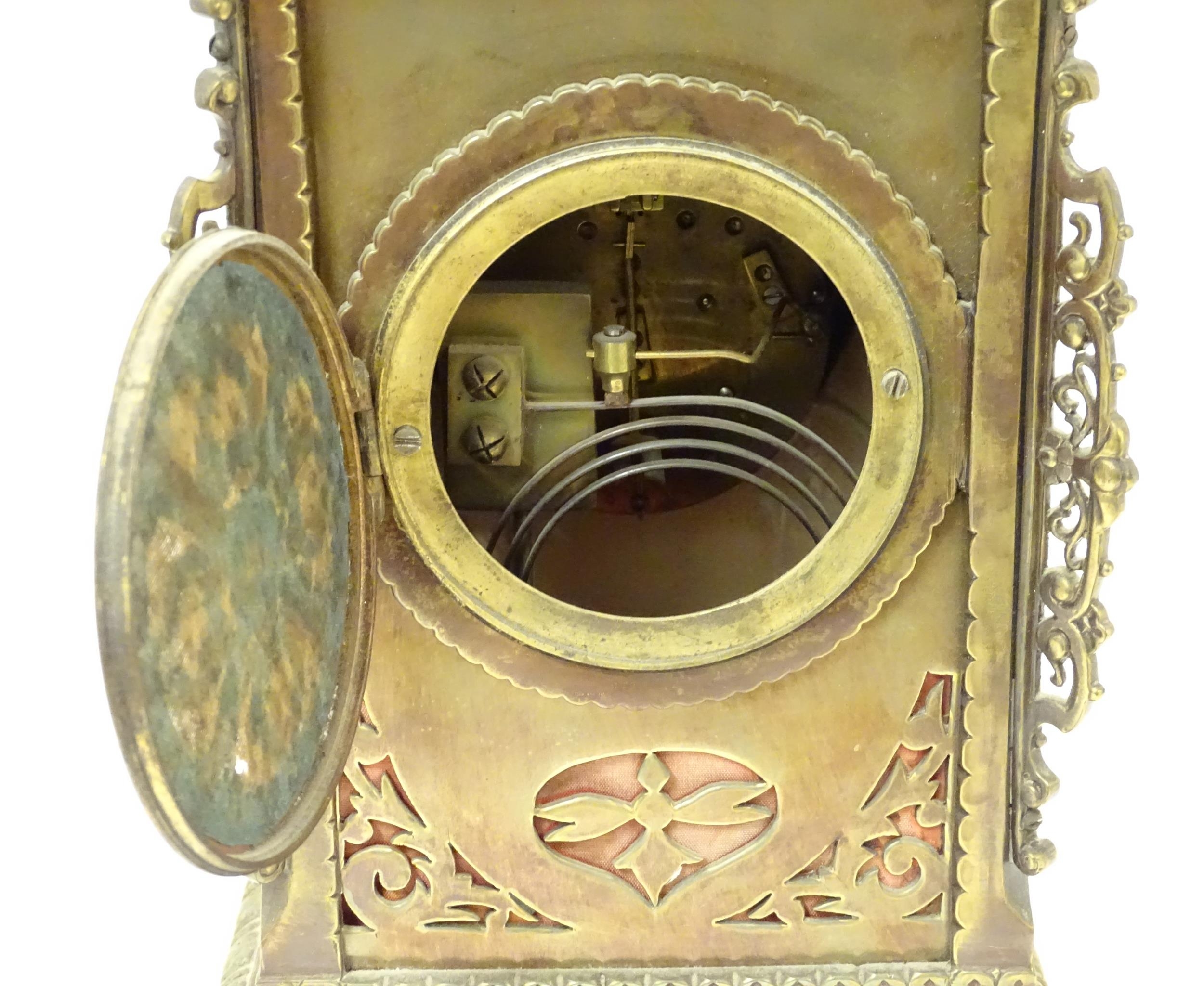 A 19thC brass and porcelain mantle clock, the 8-day French movement stamped F Marti Medaile De - Image 16 of 20