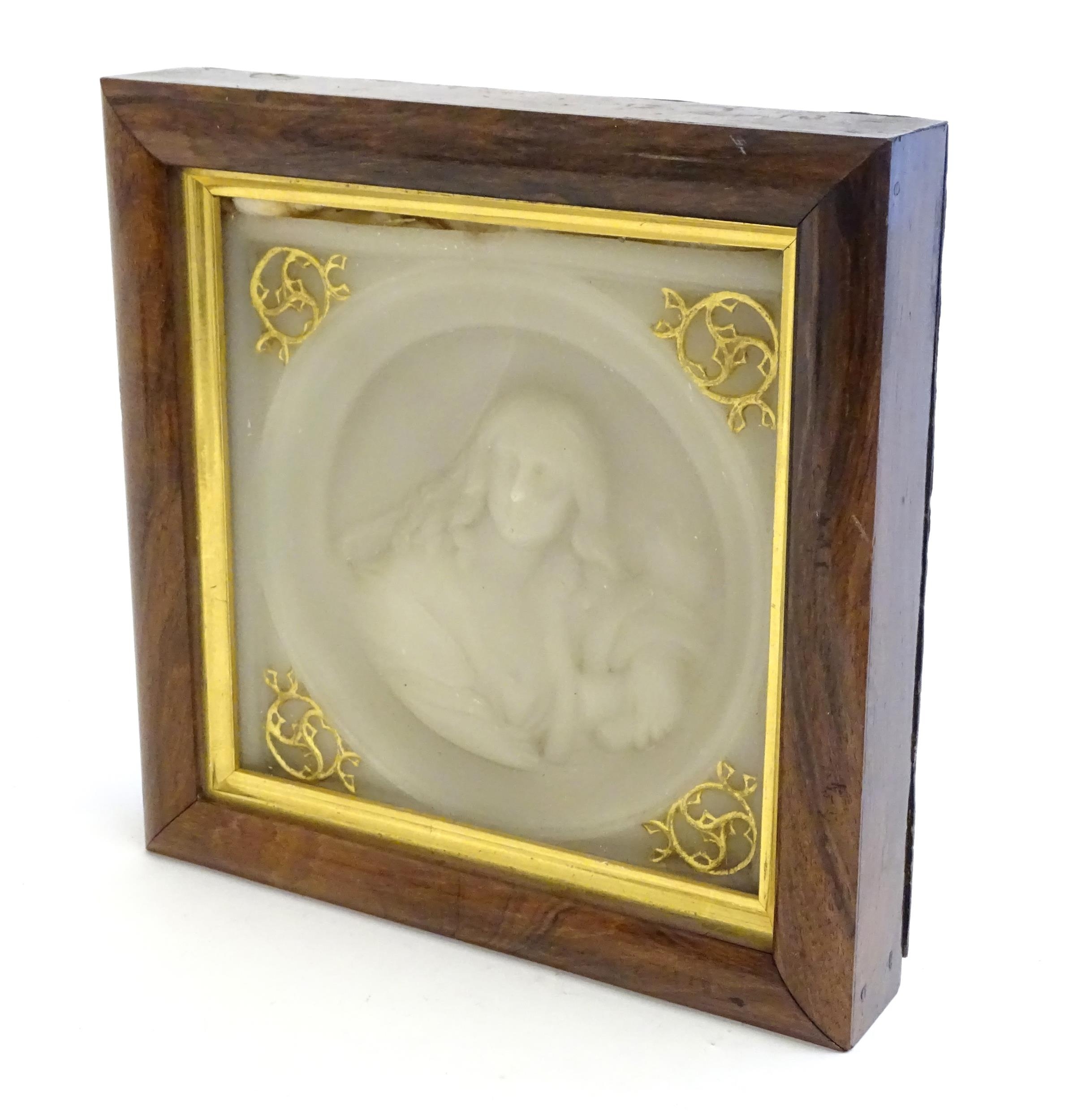 A 19thC wax tondo portrait depicting a woman holding a scroll. Ascribed and titled verso Womanhood - Image 4 of 6