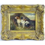 Early 20th century, Oil on board, Two gun dogs / hounds in a country landscape. Approx. 4 1/2" x 6