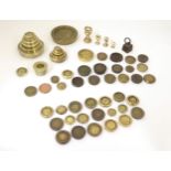 A collection of 19thC and later brass weights, comprising: Banker's weights for 100, 50, 30, 20, 10,