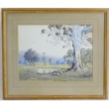 Victor Robert Watt (1886-1970), Australian School, Watercolour, A landscape with sheep grazing by