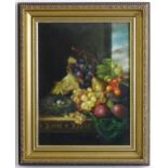 Manner of Edward Ladell, 20th century, Oil on panel, A still life study with fruit and a nest on a